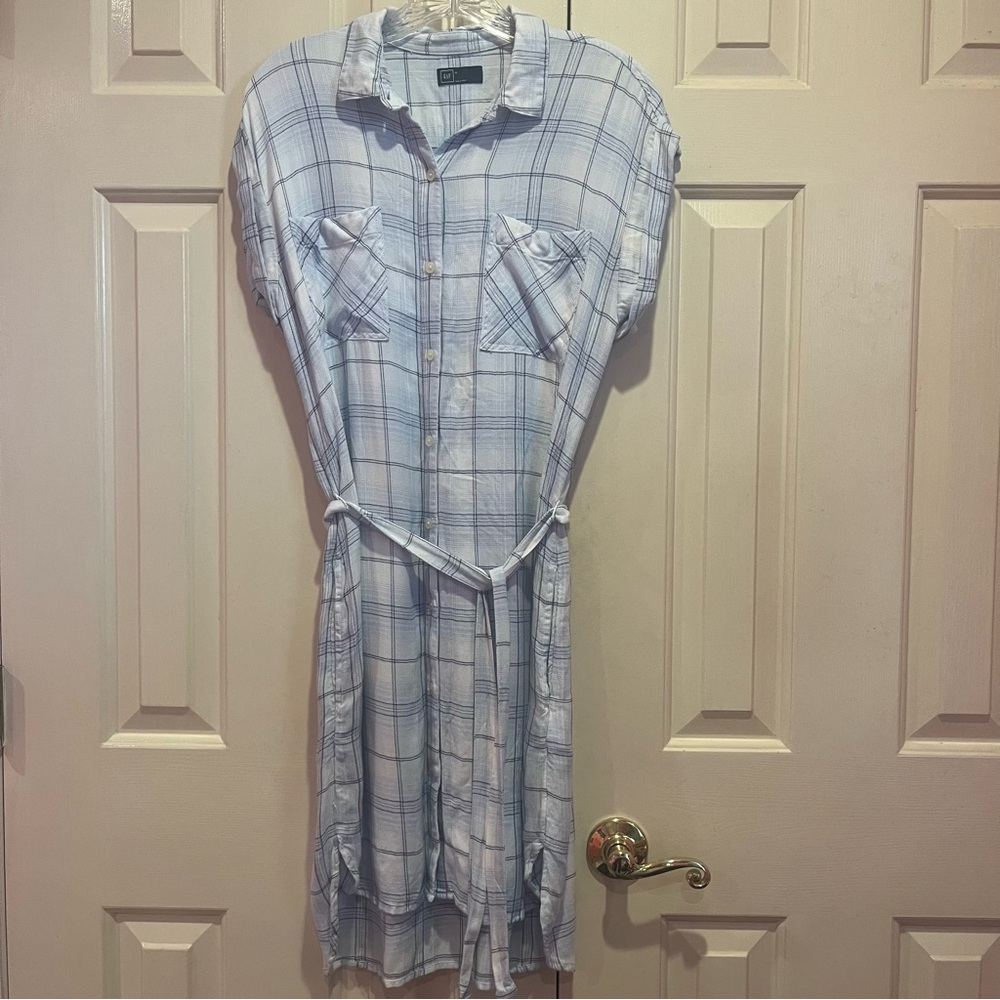 GAP Plaid Midi Shirt Dress with Waist Tie Pockets Size M Blue